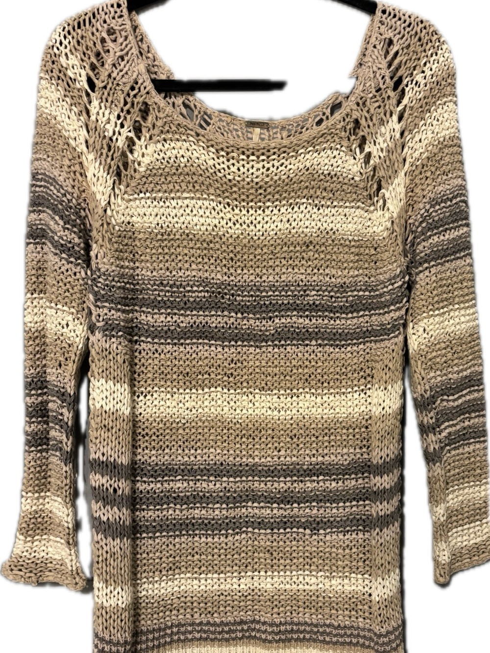 Free People Crochet Knit Stripe Sweater Beige White Gray Medium